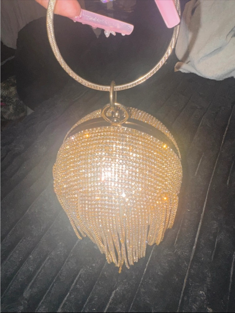 Gold Rhinestone Fringe Circle Wristlet Bag